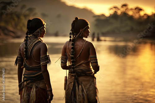 Generative AI illustration of a couple of indigenous women from the Amazon next to a river with fishing utensils at sunset photo