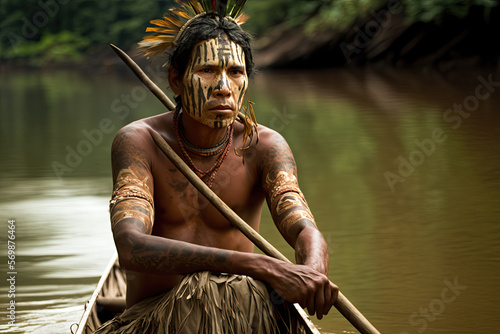 Papier peint Generative AI illustration of an indigenous man from the Amazon in a canoe at su