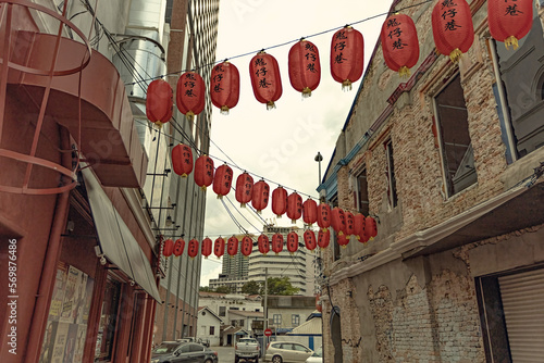 Photography Kwai Chai Hong art street with chinese lanterns in Kuala Lumpur Chinatown, Malay