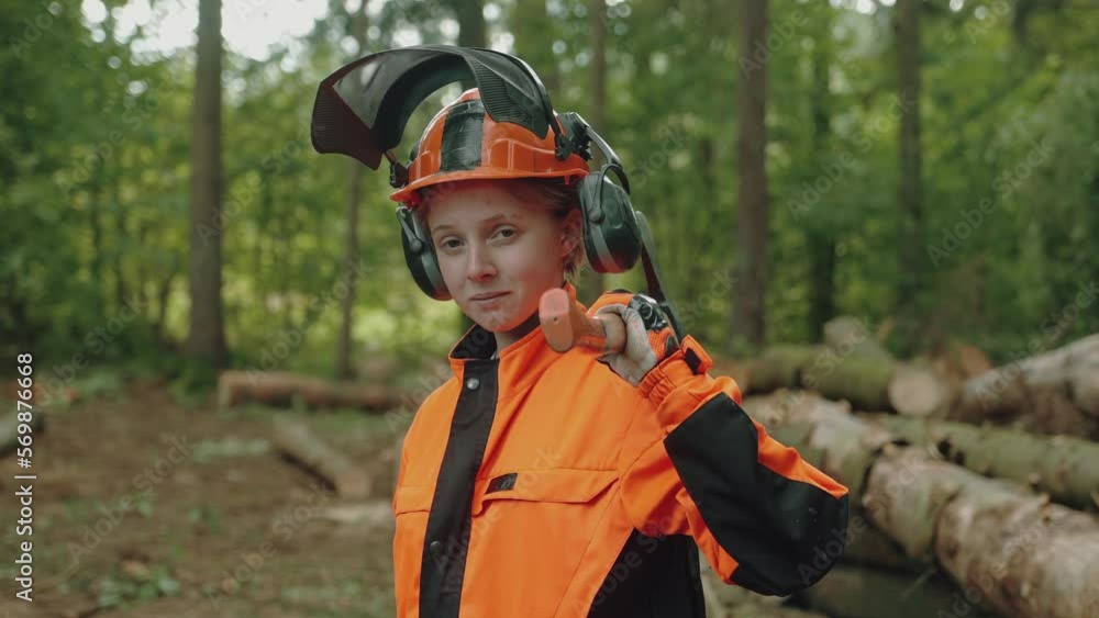 Portrait of a female logger stands in the forest, a young specialist woman in protective gear holds an axe in her hands and works on deforestation. Portrait of a female logger stands in the forest, a young specialist woman in protective gear holds an axe in her hands and works on deforestation.