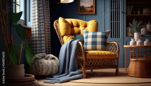 A living room with a comfortable blue armchair and a cozy yellow plaid. The room is surrounded by beautiful rattan furniture, adding to the casual and warm vibe. generative ai