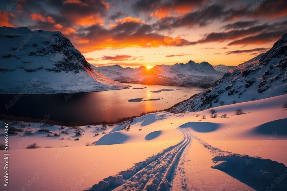 sunset in the mountains and fjords with skiing tracks made with generated ai