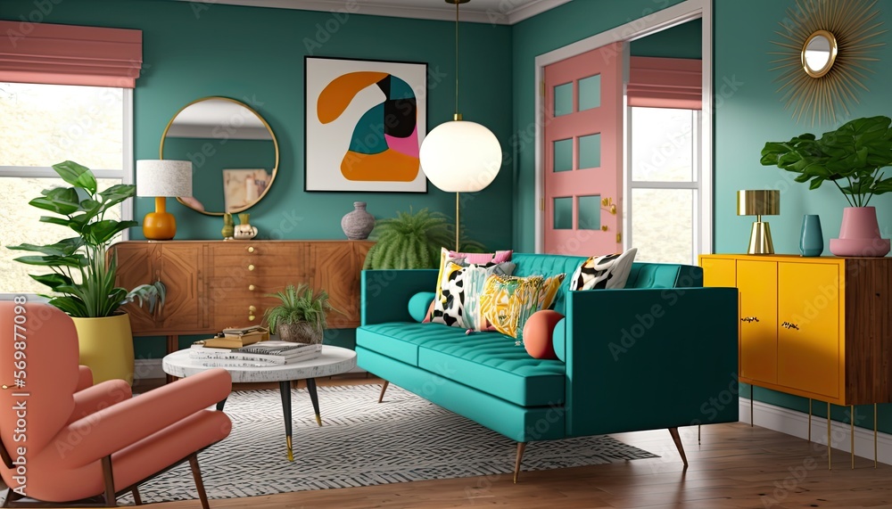 Mid-century modern living room with a bold color palette and vintage