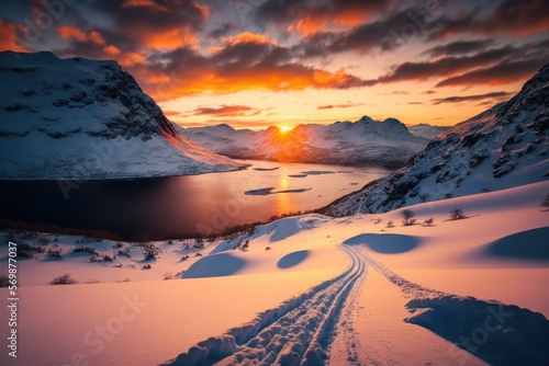 sunset in the mountains and fjords with skiing tracks made with generated ai