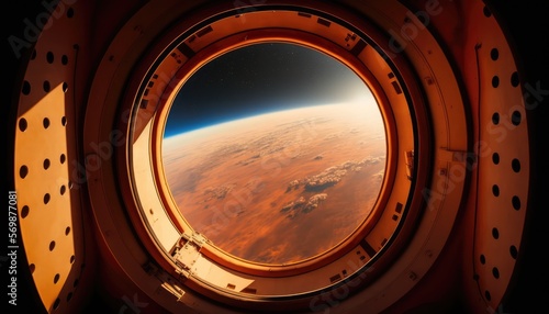 view from window of spacecraft above planet mars made with generative ai