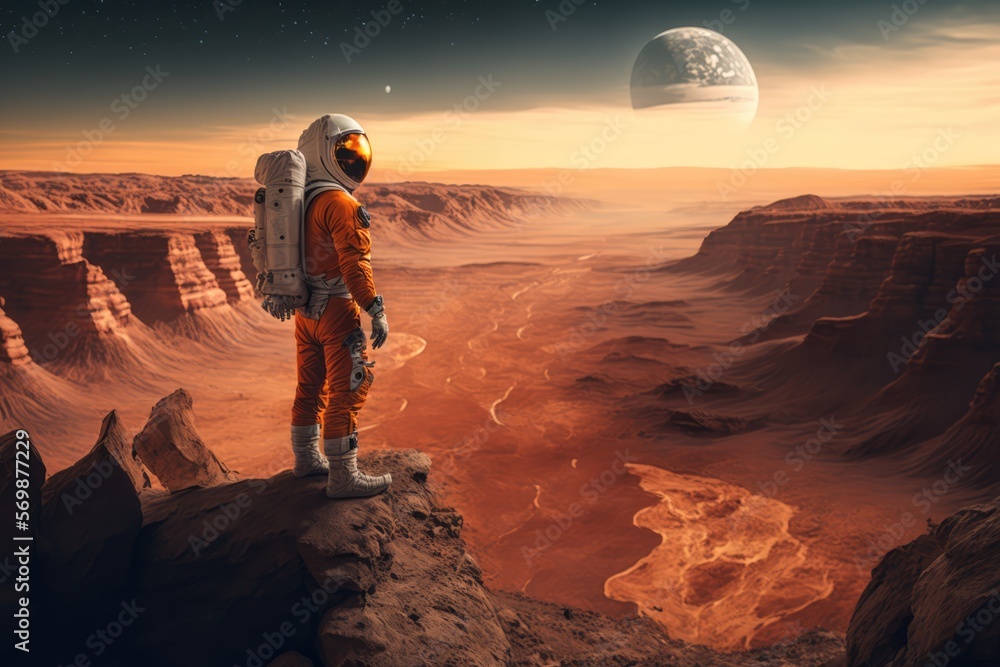 Astronaut on the surface and exploring planet Mars made with generated ai