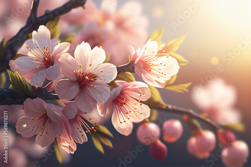 Closeup of spring seasonal cherry blossom flower on bokeh background. Created with Generative AI technology.
