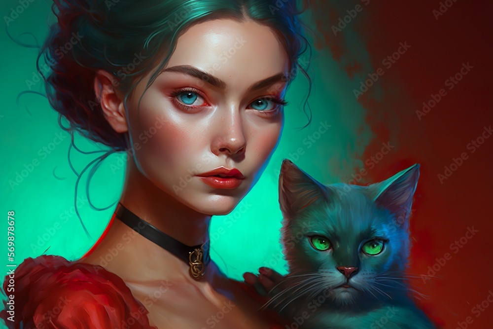 Stunning Elegant Girl in a Red  Long Flowing Dress with cat eyes and cat AI Generated