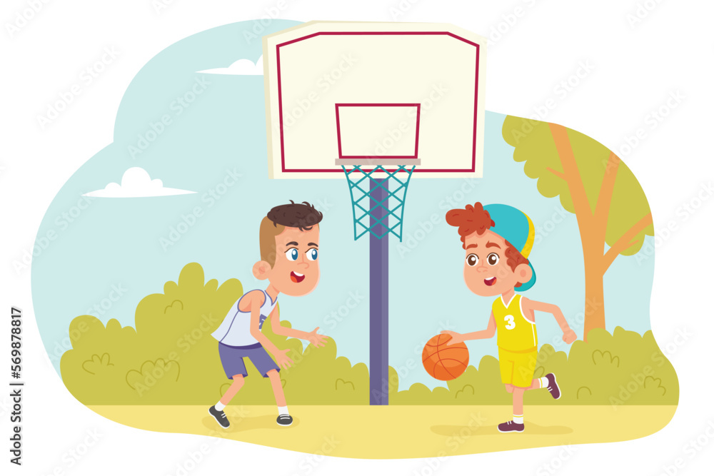 Vector illustration of kids playing basketball in a playground. Two young  children playing basketball colored cartoon Stock Vector | Adobe Stock