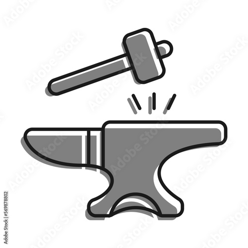 Linear filled with gray color icon, Hammer Hits The Anvil. Blacksmith Craft, Production Of Metal Products. Simple black and white vector Isolated On white background