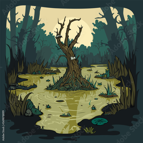 Landscape with marsh, water lilies, trees trunks and bog grass. green swampy lake in a scary forest. Fairy bog. Vector illustration