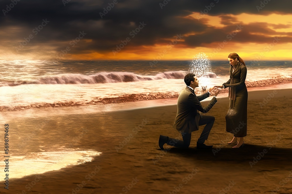 A Sweetheart's Proposing on beach Declaring His Love on Valentine's Day AI Generated