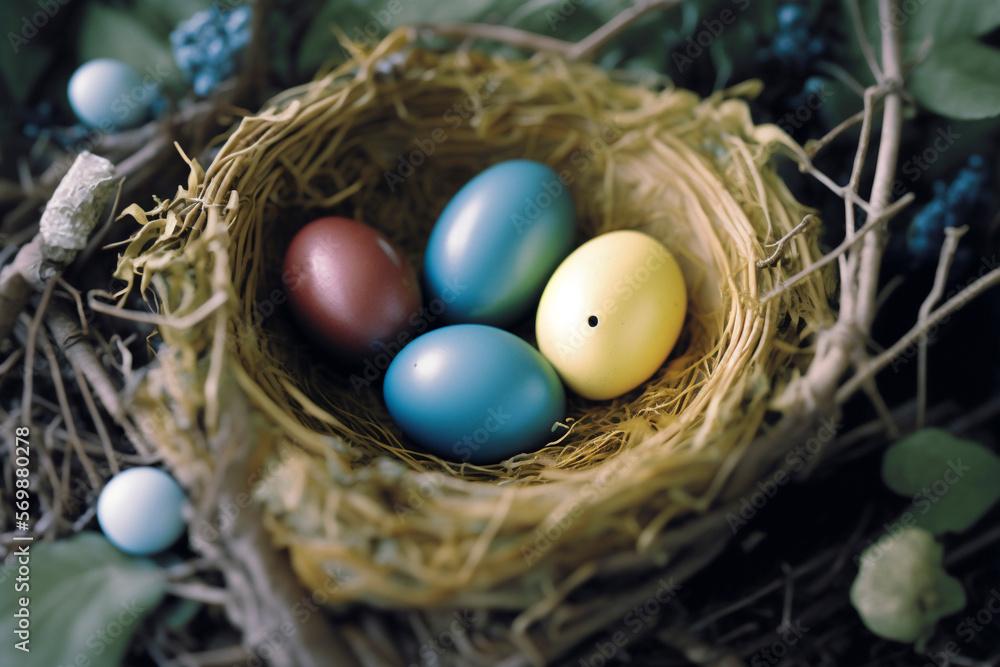 Colorful easter eggs in nest on meadow. ai generative. Colorful easter eggs in nest on meadow. ai generative.