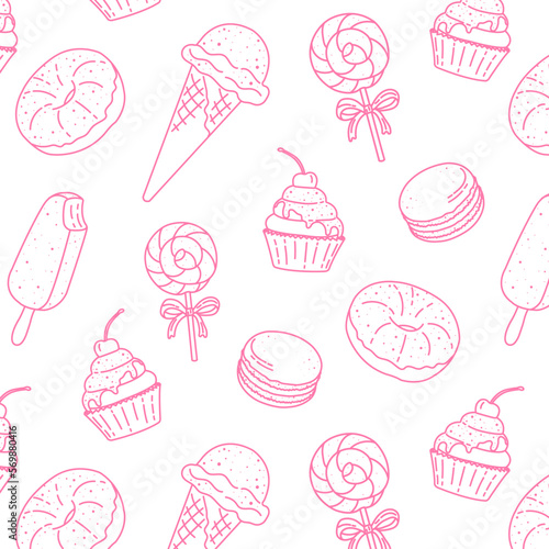 seamless pattern on transparent background with pink lines for pastry shop, candy store, cafe, dining room, background with popsicle, cupcake, lollipop, donut, macaroon, french perozhnoe