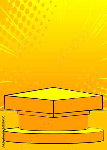 Vintage pop art empty yellow stage for mockup presentation. Comic Book Product podium. Pedestal background.