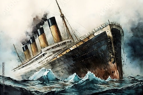 Photo watercolor titanic sinking, Titanic ocean liner after it struck an iceberg in 19
