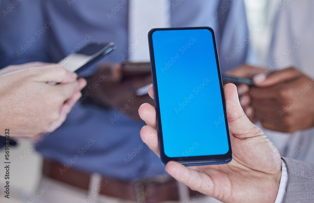 Phone green screen and people hands for mobile app, networking mockup and product placement. Smartphone of business group, blue mock up communication, social media chat or website ux for contact us