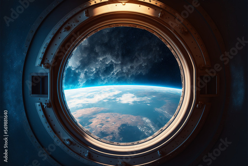 View from a porthole of space station on the Earth. Generative Ai