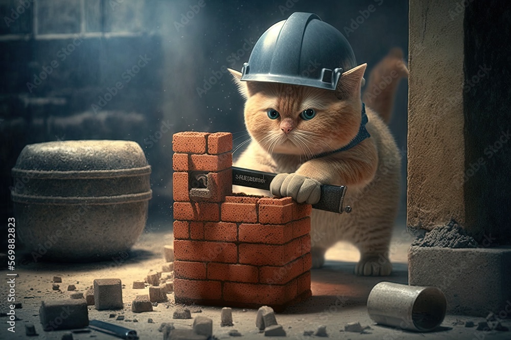 bricklayer cat working job profession illustration generative ai - obrazy, fototapety, plakaty 