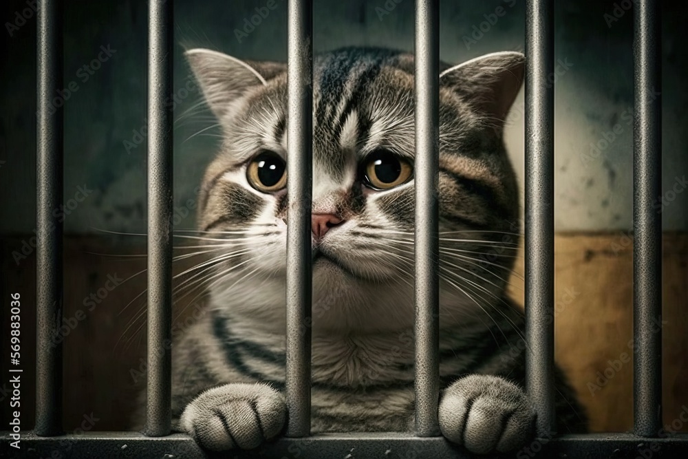 sad cat in jail sits behind a metal bars and looks at the camera illustration generative ai