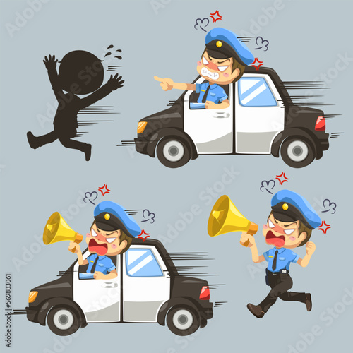 Police man arresting culprit to police car cartoon vector