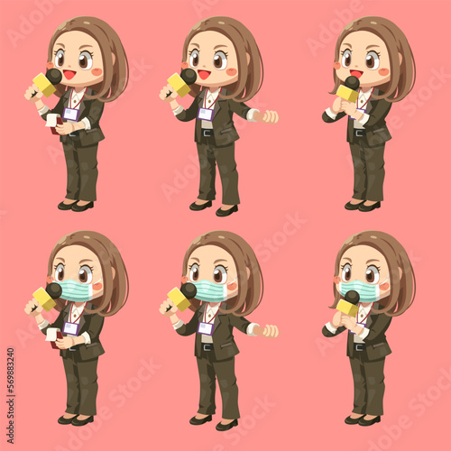 Set of female journalist with microphone in cartoon character vector