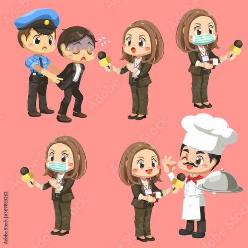 Set of female journalist with microphone in cartoon character vector