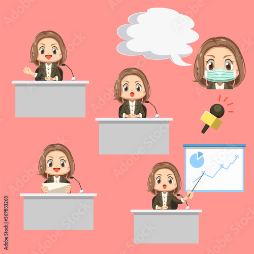 Set of female News anchor with microphone cartoon character vector