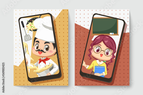 Card of chef man with female teacher in cartoon character