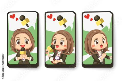 Card emotion of female journalist in cartoon character