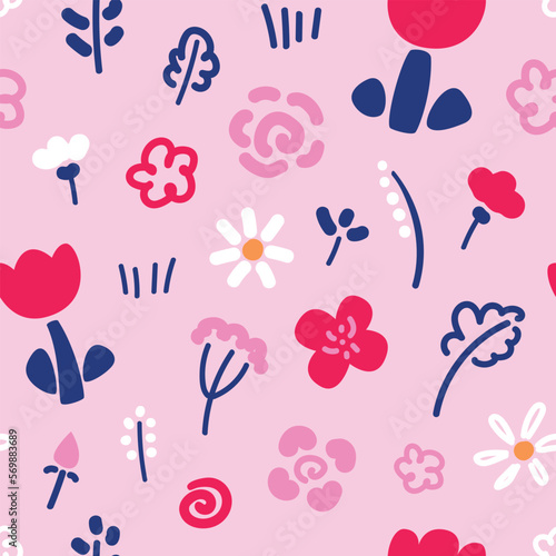 Vector seamless pattern with flowers and plants in hand drawn style. Spring background