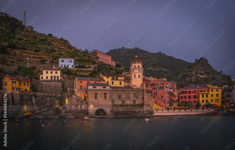 One of the five towns that make up the Cinque Terre region - Vernazza. Autumn evening in Liguria, Italy, Europe. Splendid seascape of Mediterranean sea. September 2022