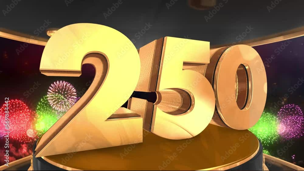 250th anniversary animation in gold with fireworks background, Animated