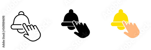 Bell and hand. Turn on notifications, click on the button, message, reminder, loud sound, ringtone, ring. Vector set icon in line, black and colorful styles isolated on white background