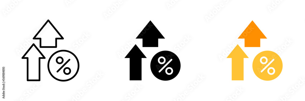 Up arrows with percent sign. Growth of shares, shop, rise in price, trade, stock exchange, currency, money, spending. Vector set icon in line, black and colorful styles isolated on white background Up arrows with percent sign. Growth of shares, shop, rise in price, trade, stock exchange, currency, money, spending. Vector set icon in line, black and colorful styles isolated on white background