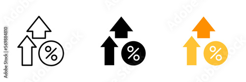 Up arrows with percent sign. Growth of shares, shop, rise in price, trade, stock exchange, currency, money, spending. Vector set icon in line, black and colorful styles isolated on white background