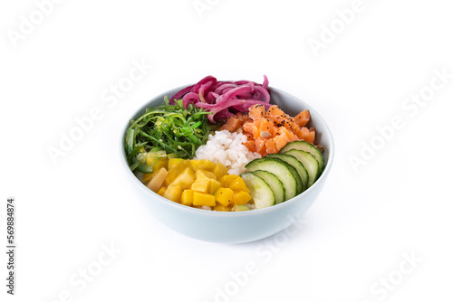 Poke bowl with rice, salmon,cucumber,mango,onion,wakame salad, poppy seeds ands sunflowers seeds isolated on white background