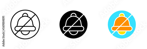Crossed out bell. Turn off the sound, silent mode, ban, turn off notifications, messages, communications, ringtone, call, reminder. Vector set icon in line, black and colorful styles isolated
