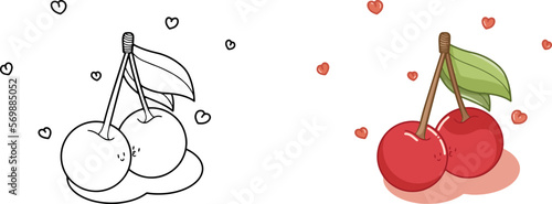 "Two cherry in love" Vector Illustration for Valentine's day Card - fruits outlines, contours - nice design for logo, patch, stickers, icon 