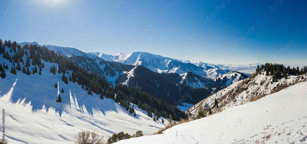 Beautiful panorama of the mountains in winter.  Gorgeous mountain landscape