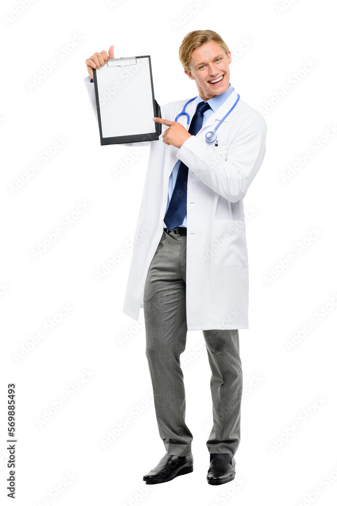A young energetic medical student or a medical intern excitedly pointing at a clipboard isolated on a png background. A young energetic medical student or a medical intern excitedly pointing at a clipboard isolated on a png background.
