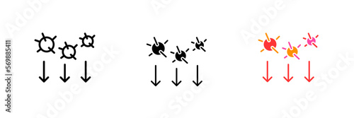 Microbes with arrows. Germ infection, bacteria, coronavirus, covid 19, microbe, airborne route of infection. Vector set icon in line, black and colorful styles isolated on white background