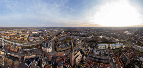 Aerial 360 degrees panorama with infrastructure of historic city center and defense moat surrounding Hanseatic Zutphen with St. Janskerk church tower rising above