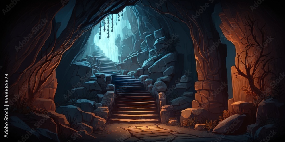 fabled mystery Deep Mountain's stone cave stairs. Fanciful Background  Illustration that is realistic concept art. Background digital painting for  video games Digital Art scene paintings Illustration f Stock Illustration |  Adobe Stock