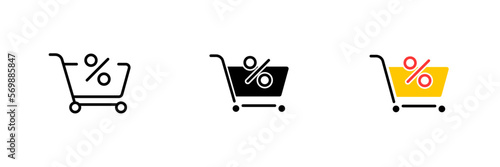 Shopping cart with percent sign. Sale, sell, discount, shop, purchase, checkout order, buy, customer, buyer. Vector set icon in line, black and colorful styles isolated on white background