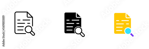 Document with magnifier. Magnifying glass, file management, research, CV, resume, apply for a job, documentation. Vector set icon in line, black and colorful styles isolated on white background