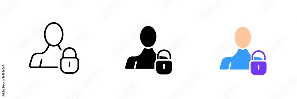 Man with a lock. Personal data, restricted access, information, account, data protection. Vector set icon in line, black and colorful styles isolated on white background Man with a lock. Personal data, restricted access, information, account, data protection. Vector set icon in line, black and colorful styles isolated on white background