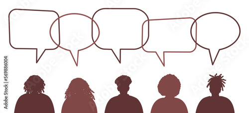 Brown silhouettes of black men and black women. Community of black people. Communication of men and women. People icons with speech bubbles. Vector illustration.
