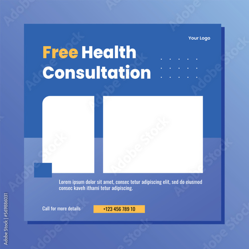 Medical social media post template design. Modern banner with blue and white background and place for the photo. Usable for social media, banner, and website.