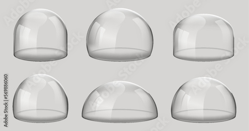 Glass domes. 3D Realistic spherical kitchen utensils, laboratory or exhibition cases. Vector set isolated glossy shape of showcase safety on gray background